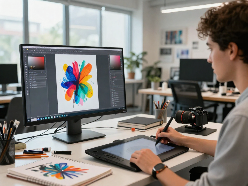 Artist using nsfw ai software in a vibrant digital art studio environment.