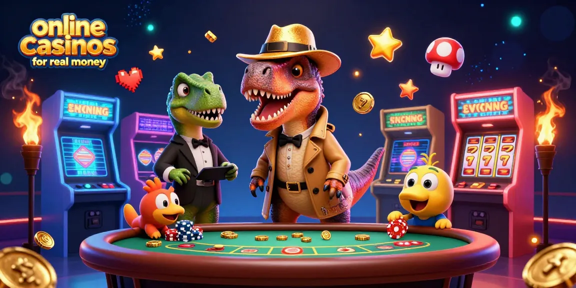 Experience excitement at online casinos for real money with dinosaurs and vibrant gaming elements.