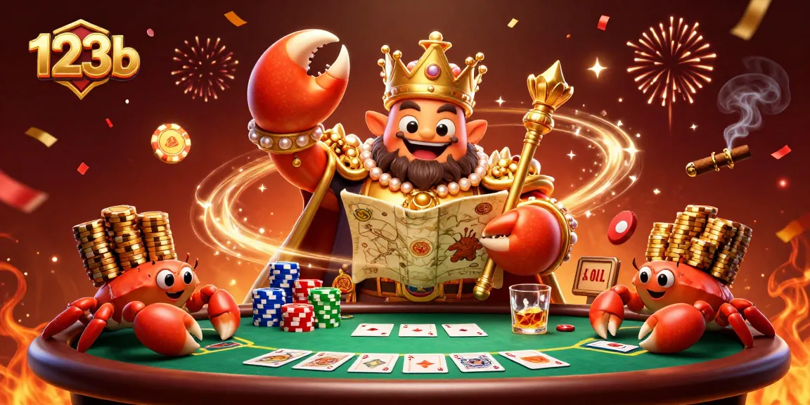 Elevate your play at 123b with a vibrant and energetic poker scene of a golden crab emperor.