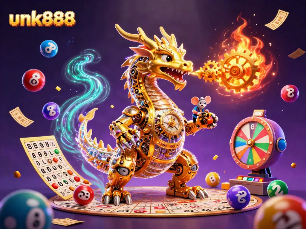 Experience thrilling luck with unk888 as vibrant lottery elements surround a golden dragon in a dynamic casino scene.