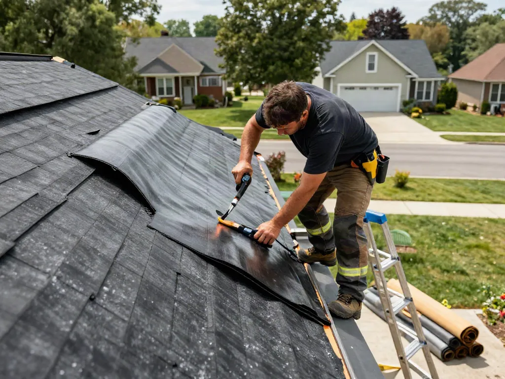 Felt roof replacement by a professional roofer installing new roofing felt on a garage, showcasing craftsmanship and safety.