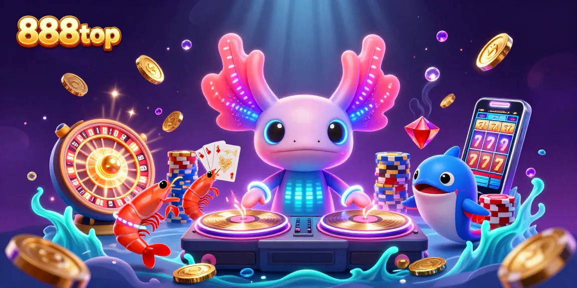 Spin the reels with 888top's vibrant casino scene featuring a colorful axolotl DJ.