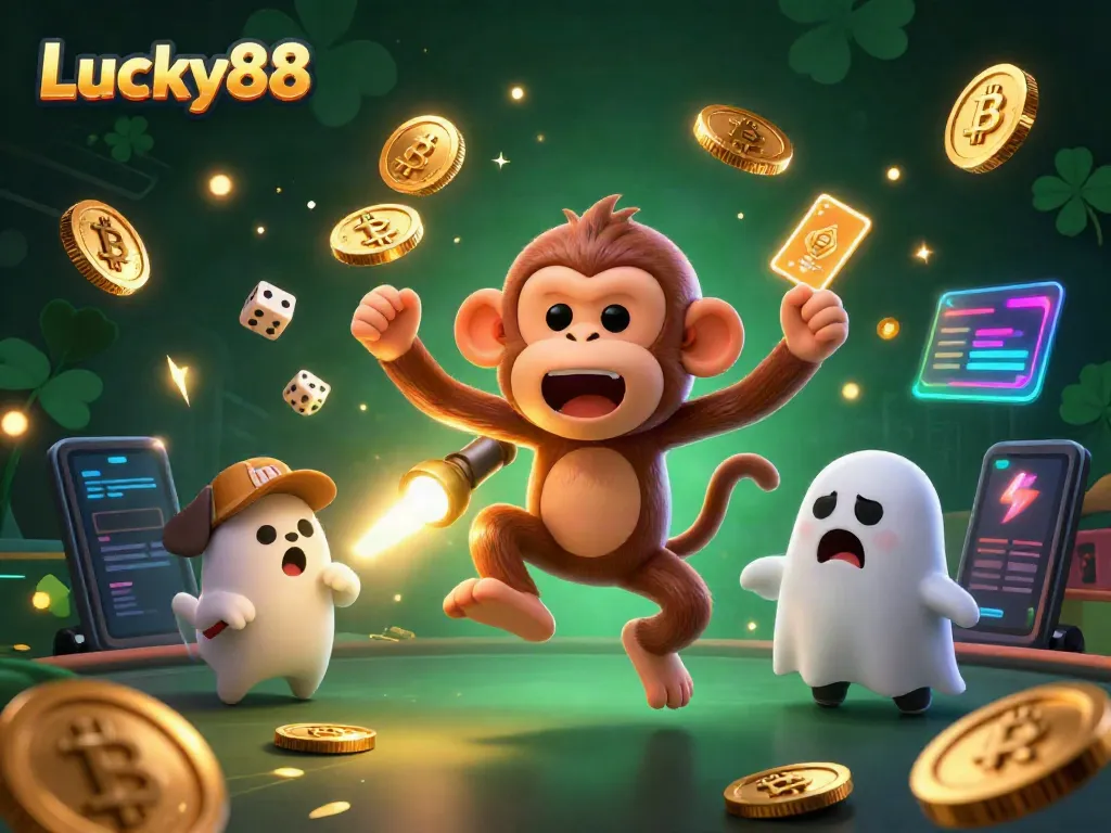 Experience the excitement of Lucky88 with a playful ghostly monkey and curious puppy in a vibrant casino.