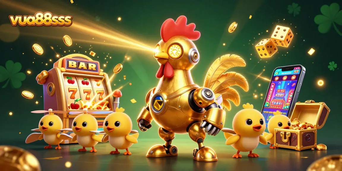 Win big with vua88sss in this vibrant slot machine explosion scene showcasing a golden rooster and chick drones.