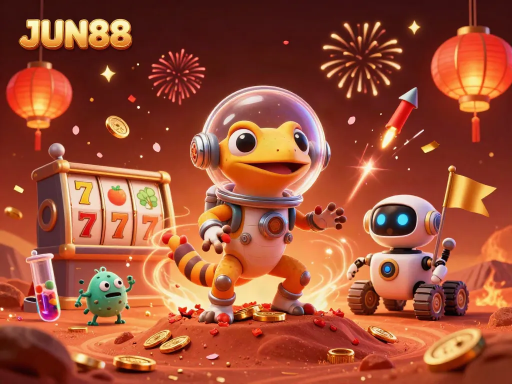 JUN88 Martian gecko and robot rover celebrating amidst a vibrant 3D casino discovery.