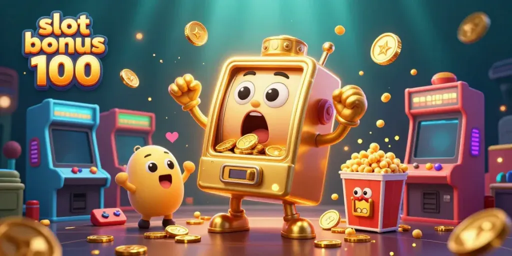 Engaging scene of jackpot excitement with slot bonus 100 highlighted on a golden slot machine and cheering baby slots.