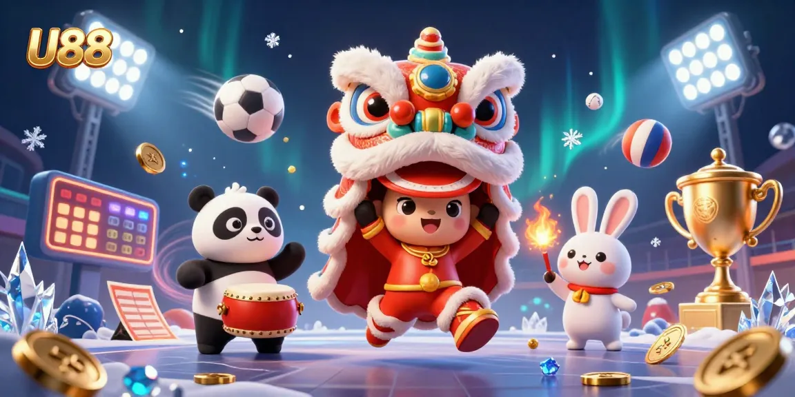 Experience thrilling wins with U88 in this vibrant 3D illustration of a festive casino scene.