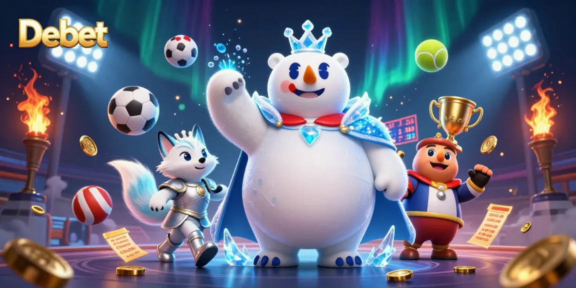 Bet on Debet with a lively scene featuring sports balls, a cartoon ice king, and a snow fox.