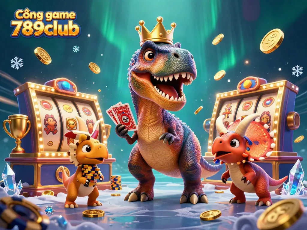 Experience the thrilling Cổng game 789club with T-Rex shuffling cards, chips stacking, and dynamic slots.