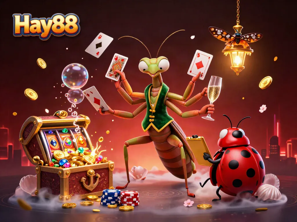 Experience thrilling gameplay at Hay88 with vibrant casino elements, slot reels, and energetic characters.