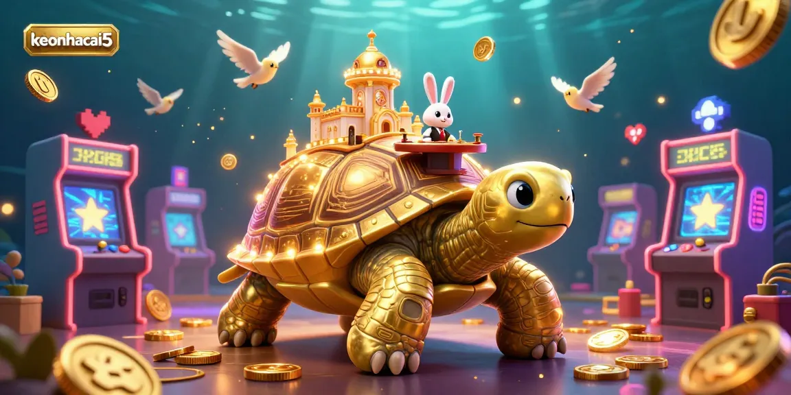 Experience keonhacai5 with thrilling gameplay showcasing a golden tortoise casino scene amidst vibrant game machines.