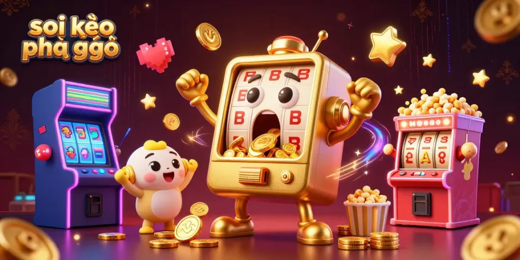 Soi kèo phạt góc showcases a dynamic gaming scene featuring golden slot machines in action.