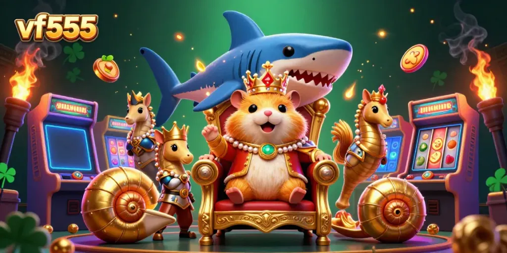 Join the golden hamster king on a thrilling vf555 casino adventure with vibrant slot machines and dazzling elements.