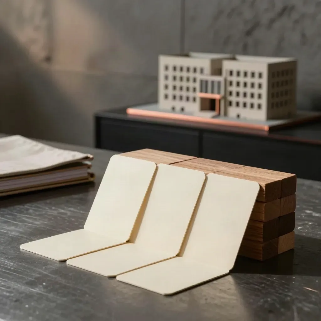 Blank strategy cards, oak blocks, linen portfolio and a maquette on a dark console in moody light.