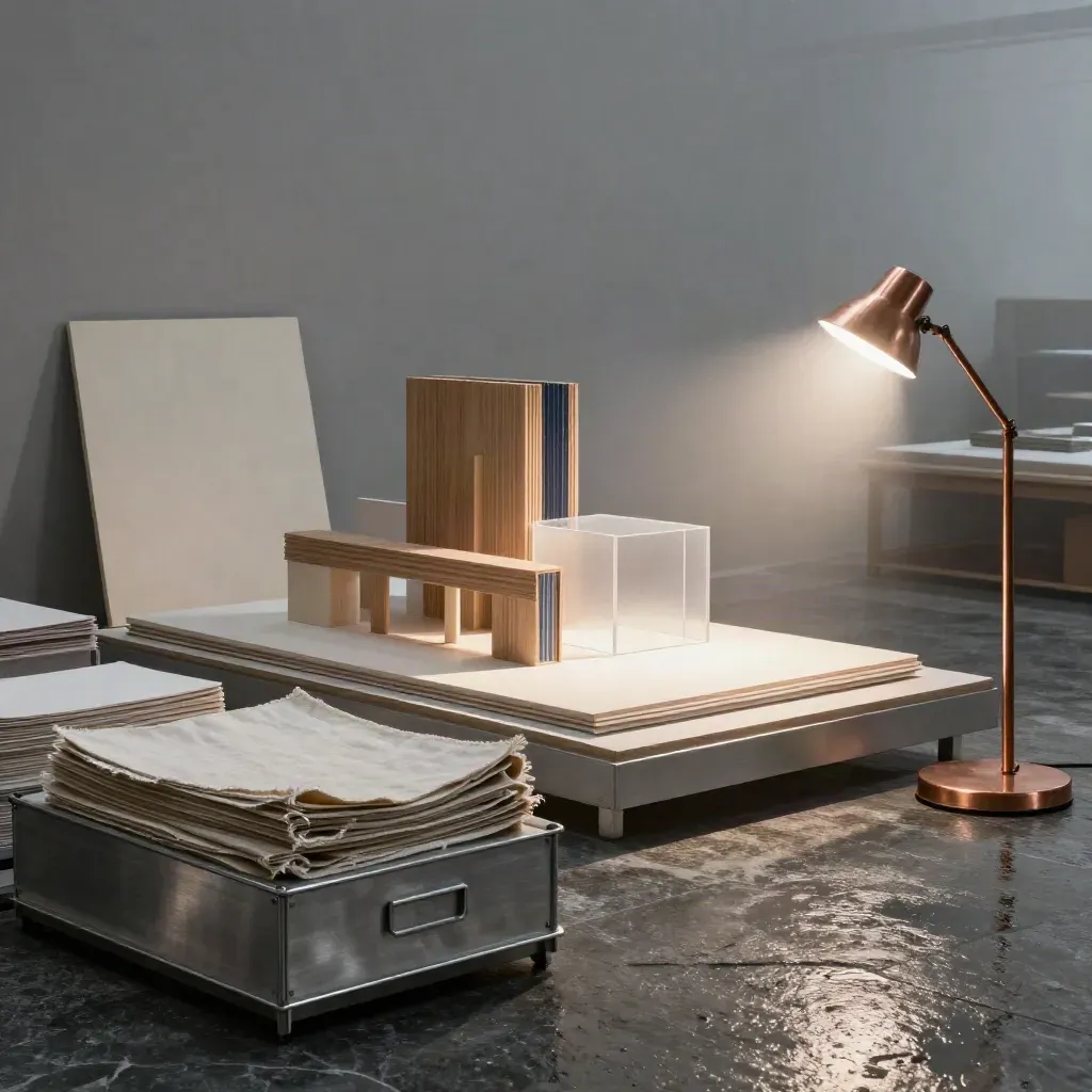 Moody strategic-planning studio with portfolios, model, steel boxes and copper lamp in rain haze.