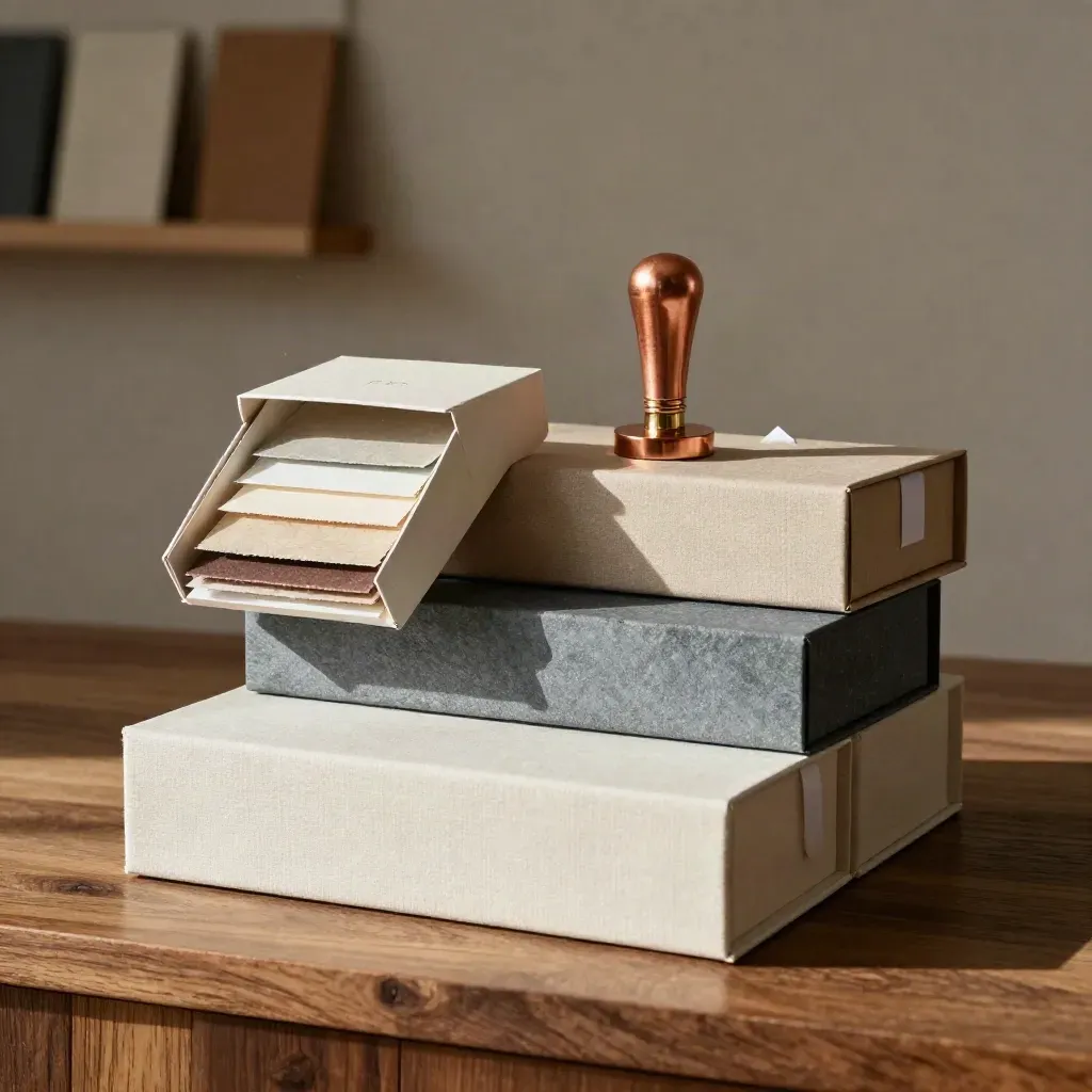 Three neutral offer prototype boxes with slate board and copper seal in warm window light