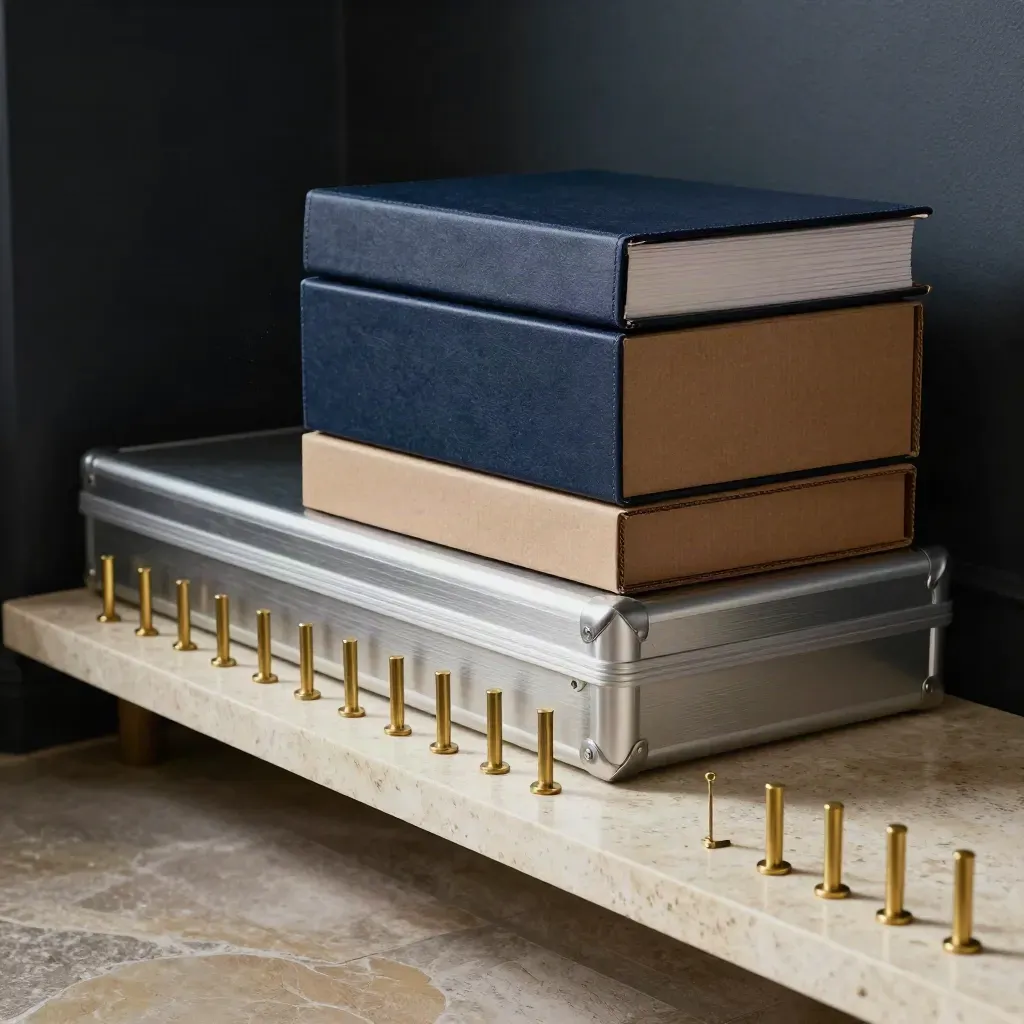 Travertine project stack with navy binder, brass pegs, and a closing prototype case in hard light