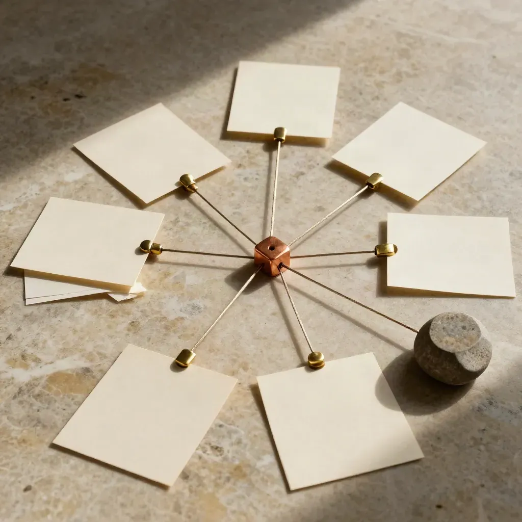 Cream planning cards linked by brass pins and linen thread on stone, top-down.