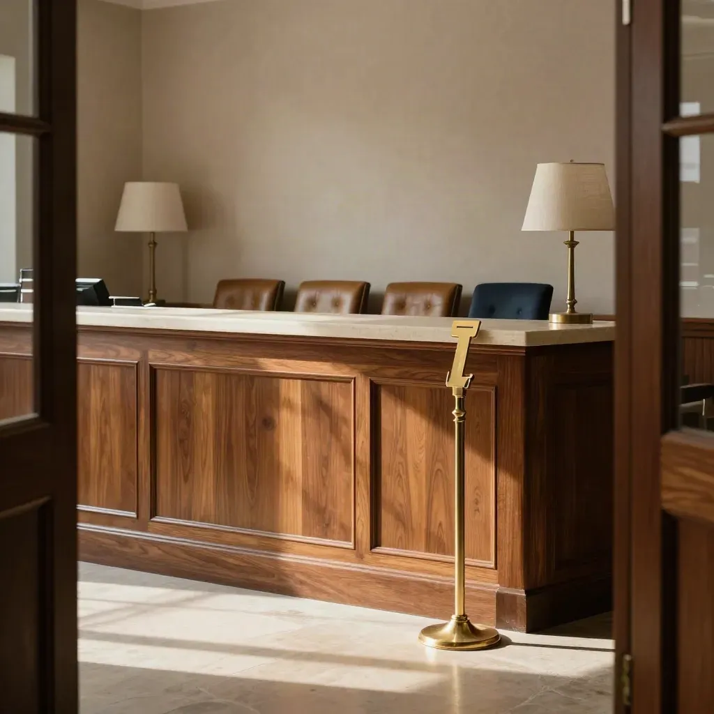 Warm law-office reception with walnut desk, brass stand, aligned chairs and soft morning light.