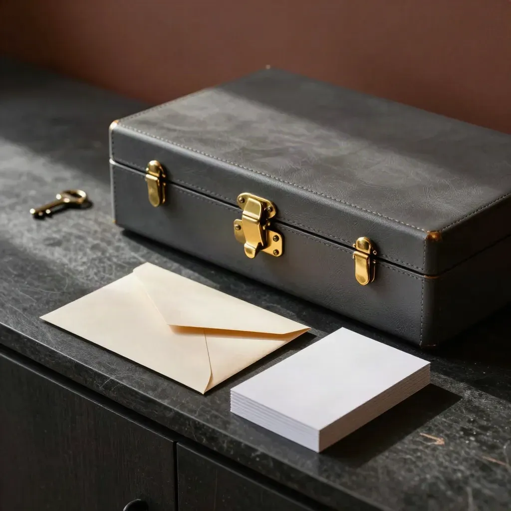 Brass-clasped presentation cases with an envelope and cards on a dark slate console