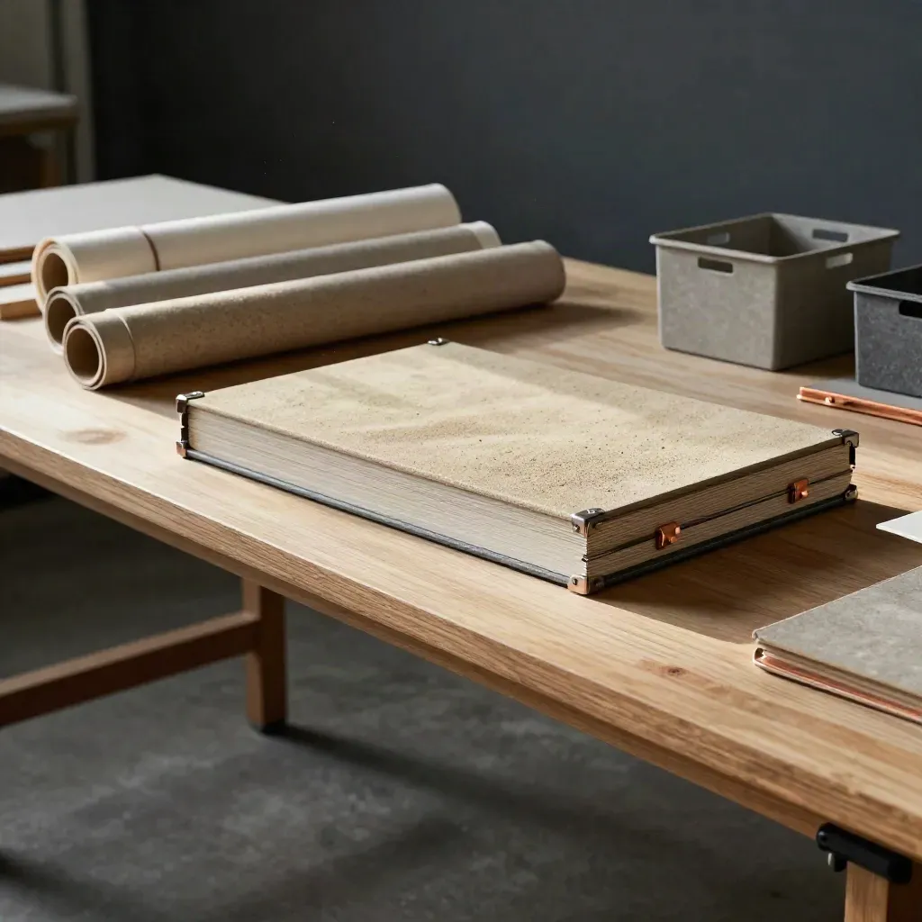 Prototype case, sample books and rolled material tubes on a design studio bench.