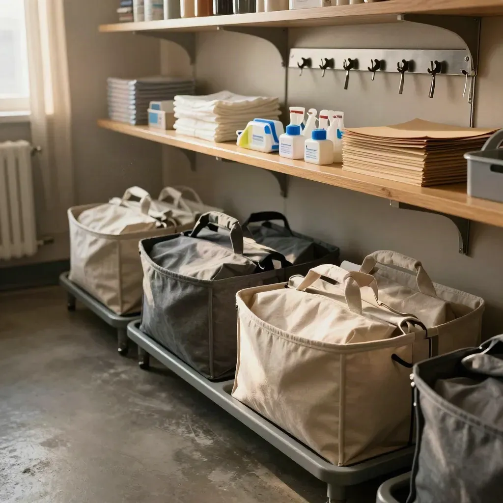 Organised care supply station with caddies, service totes, key rack and handoff shelf