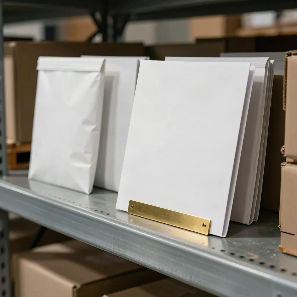 Supplier packs and dispatch folder on a warehouse shelf, shot low with warm haze