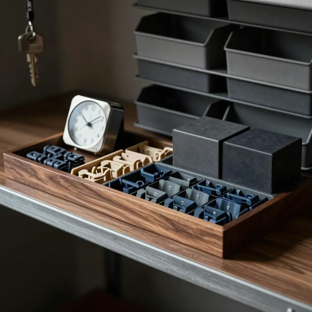 Tray dividers, cable clips, timer and storage blocks on a walnut service shelf.