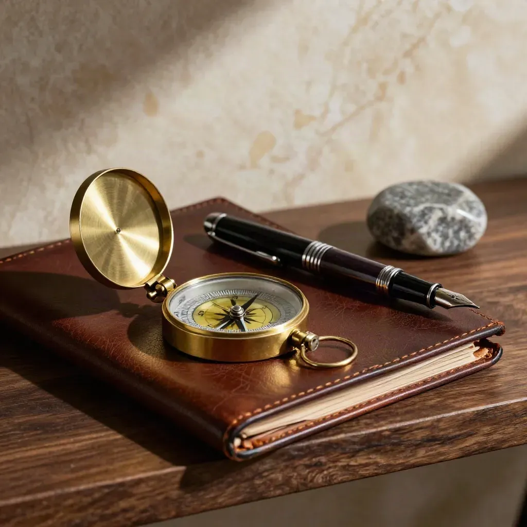 Leather portfolio with brass compass, fountain pen and stone paperweight on a walnut shelf.