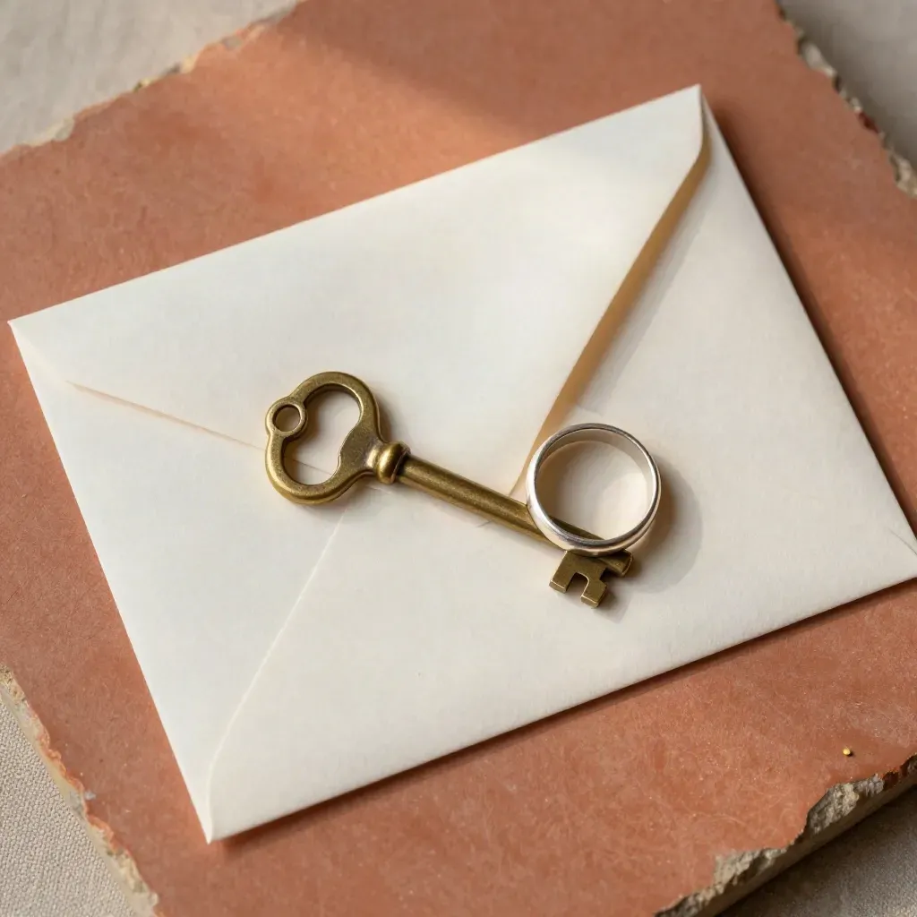 Top-down macro of sealed envelopes, wax seal, brass key and interlocked rings on terracotta stone.