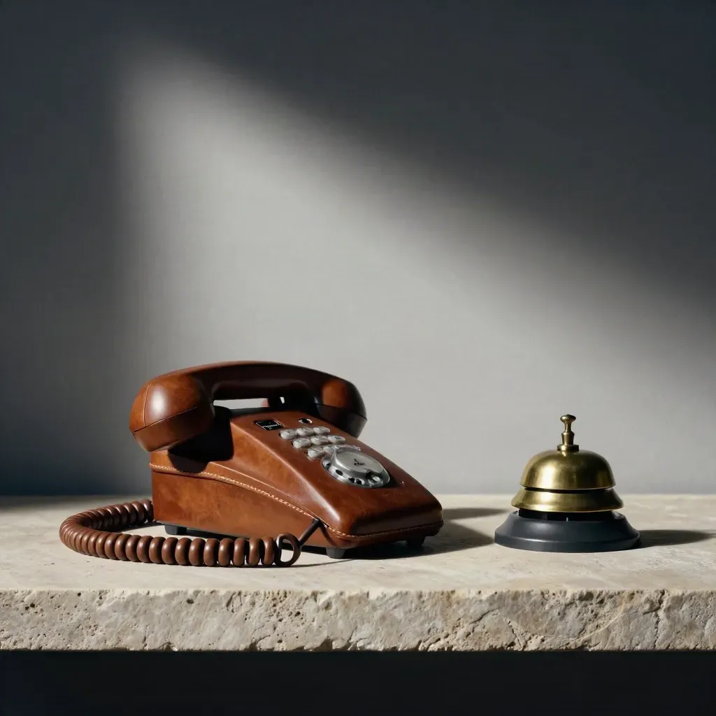 Landline handset in leather cradle beside brass bell on stone shelf, side-lit in a quiet office still life