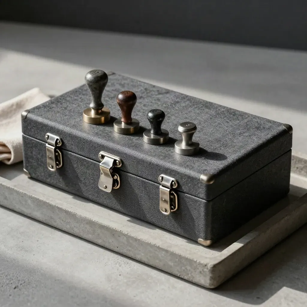 Archive box, seal stamp, clasp and tokens arranged neatly on a concrete tray with soft cloth