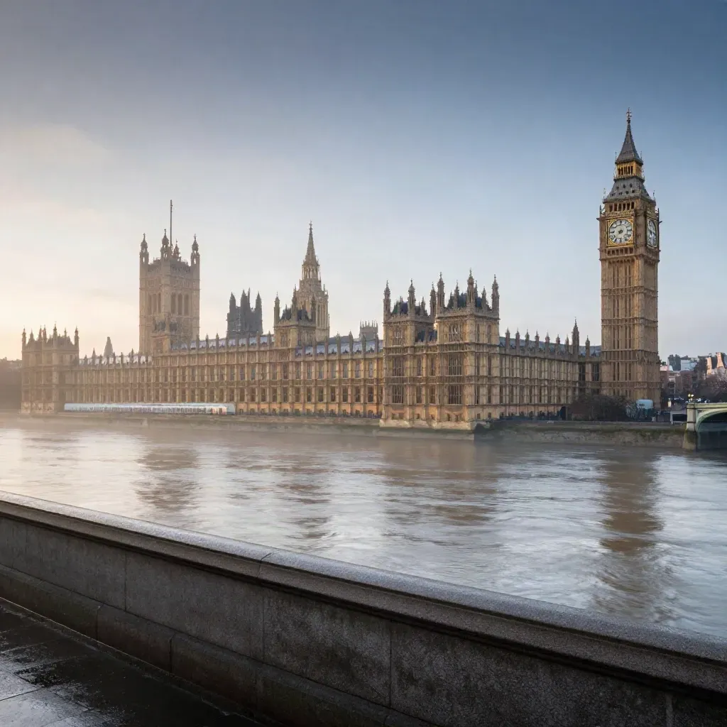 London skyline at sunrise above the Thames with Westminster in golden haze.