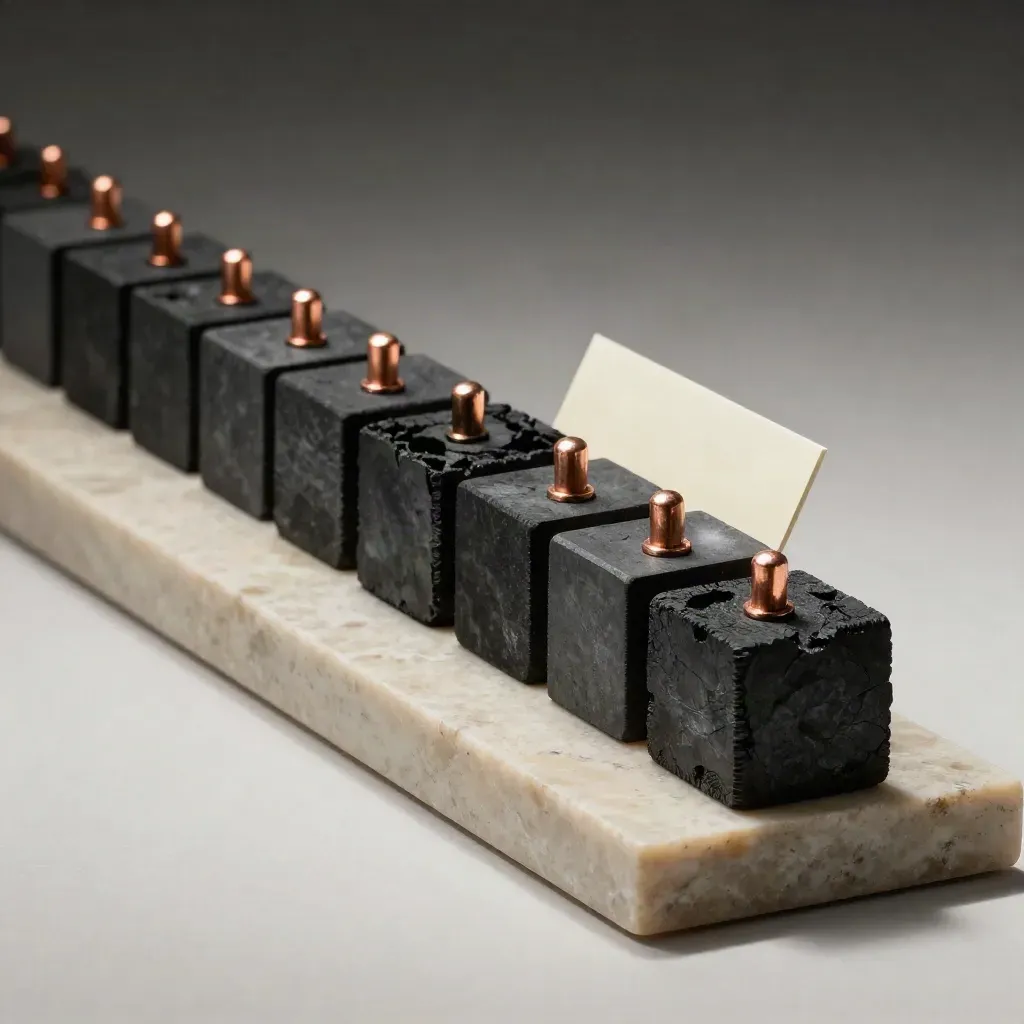 Modular task blocks, storage cubbies and copper pegs on a limestone plinth, shot low in soft light.