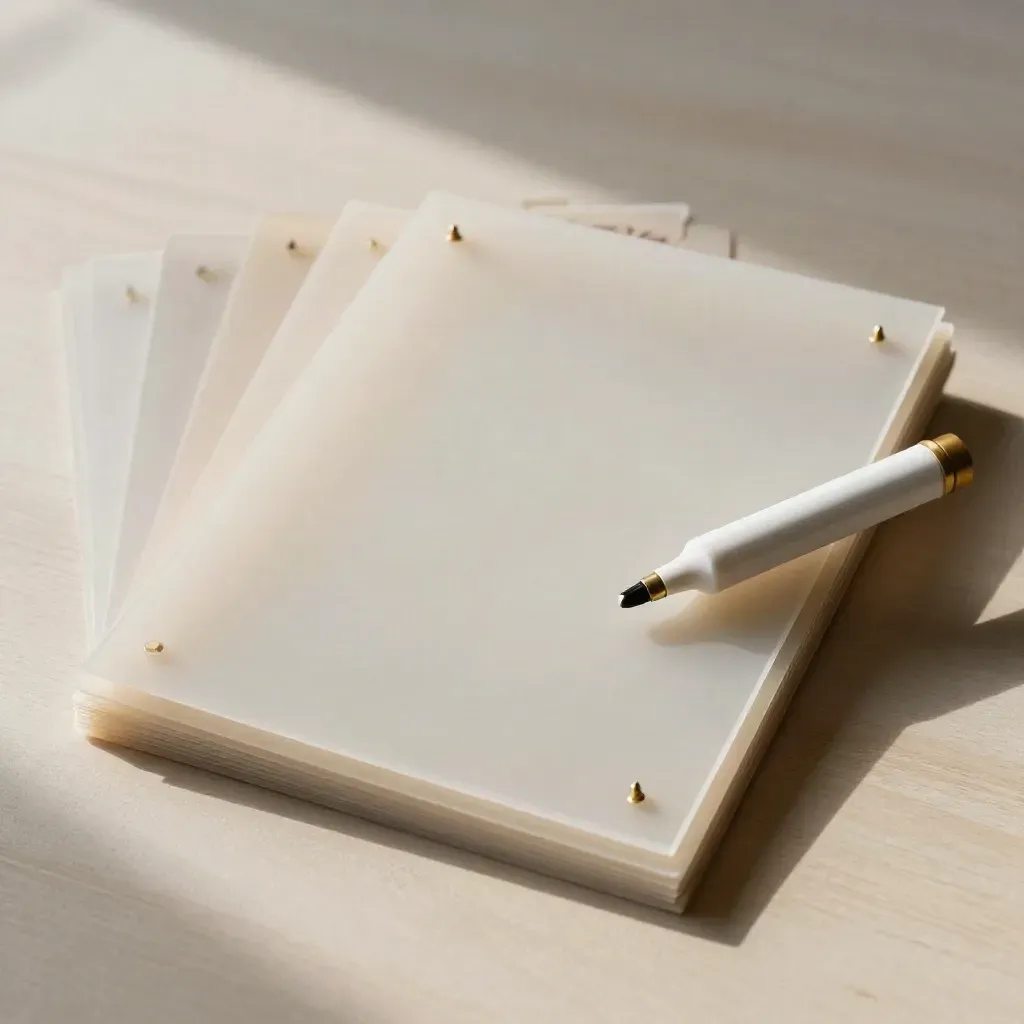 Frosted acetate sheets, brass pins, and a ceramic marker on pale wood