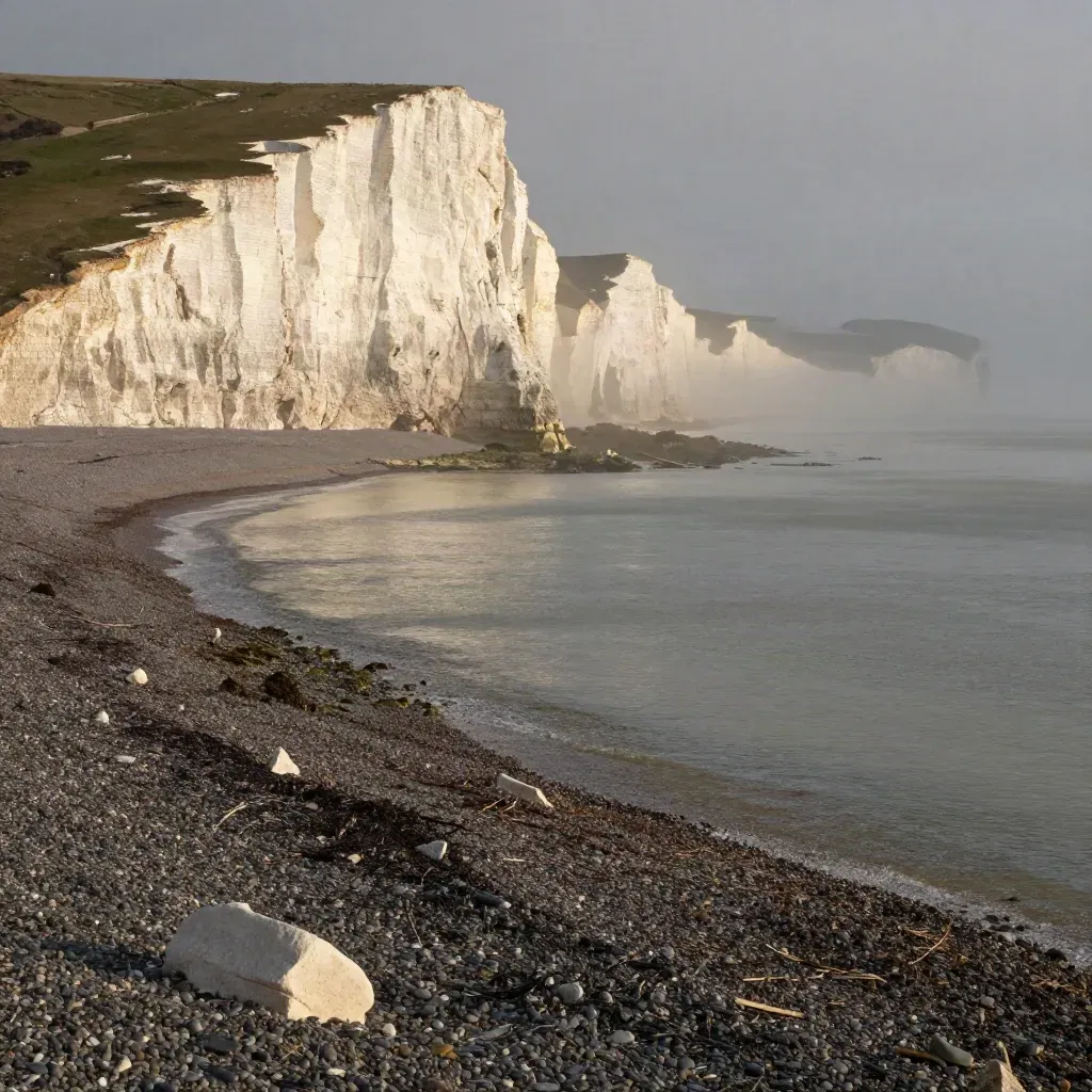 Chalk cliffs above a misty shingle shore with calm copy space