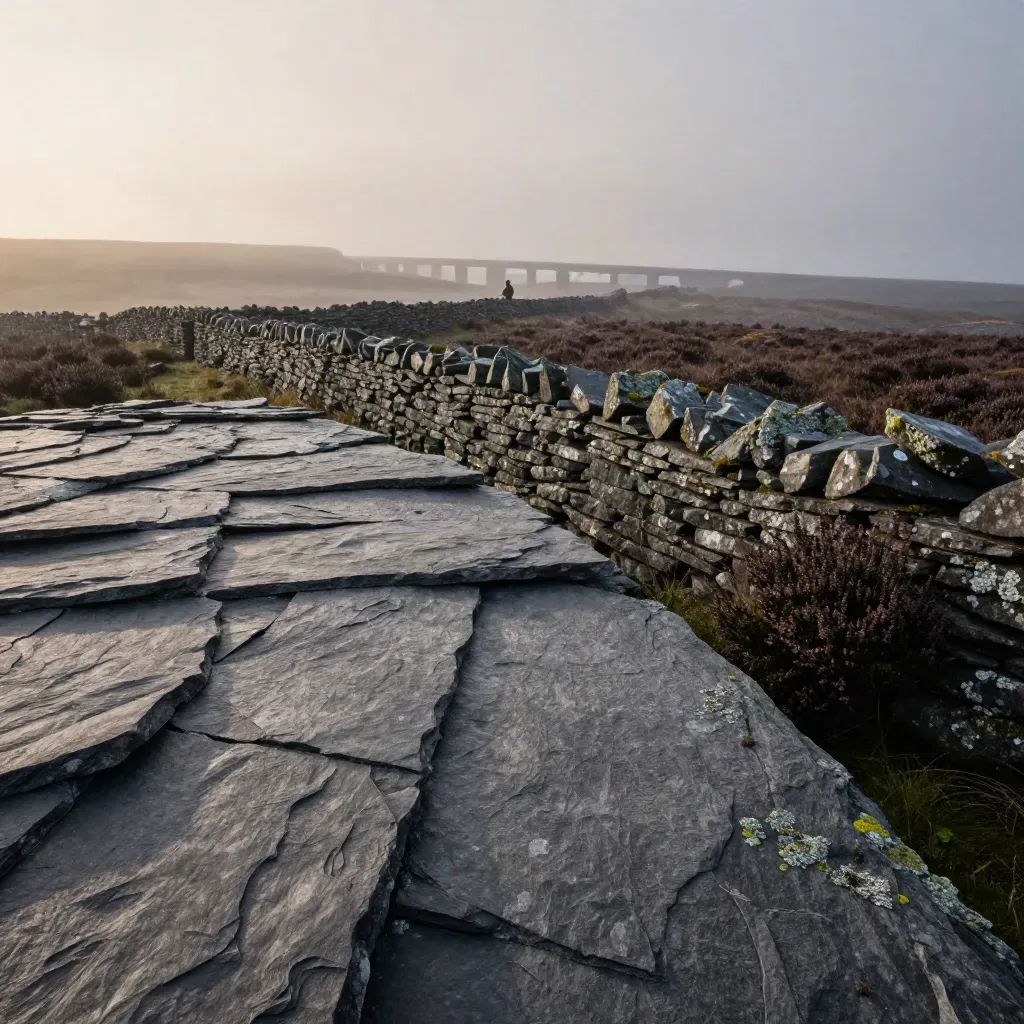 Misty slate moor with dry-stone walls and a distant viaduct above a calm open foreground.