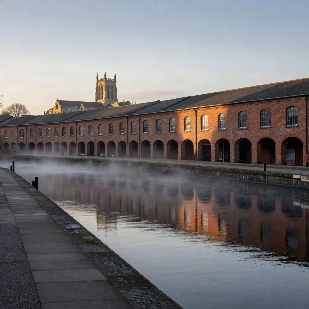 Misty Midlands canal basin with spire, warehouse roofs and calm water for copy.