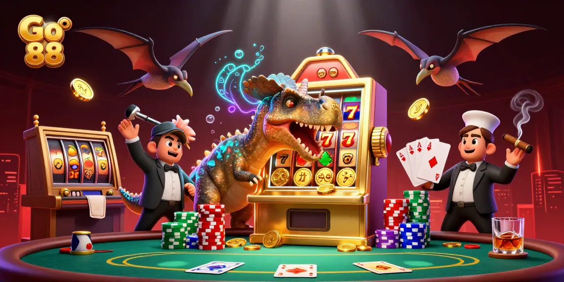 Go 88 jackpot scene with a pachycephalosaurus, slot machine, and vibrant casino elements.