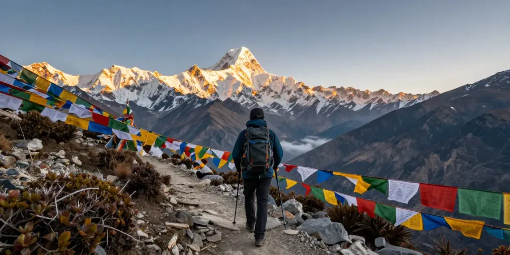 Manaslu Trek en la cumbre, viajero con mochila y banderas de oración, vista panorámica de montañas nevadas.