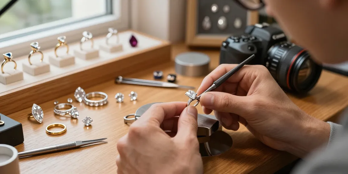 Crafting a marquise diamond engagement ring in a jeweler's workshop, showcasing precision and artistry.