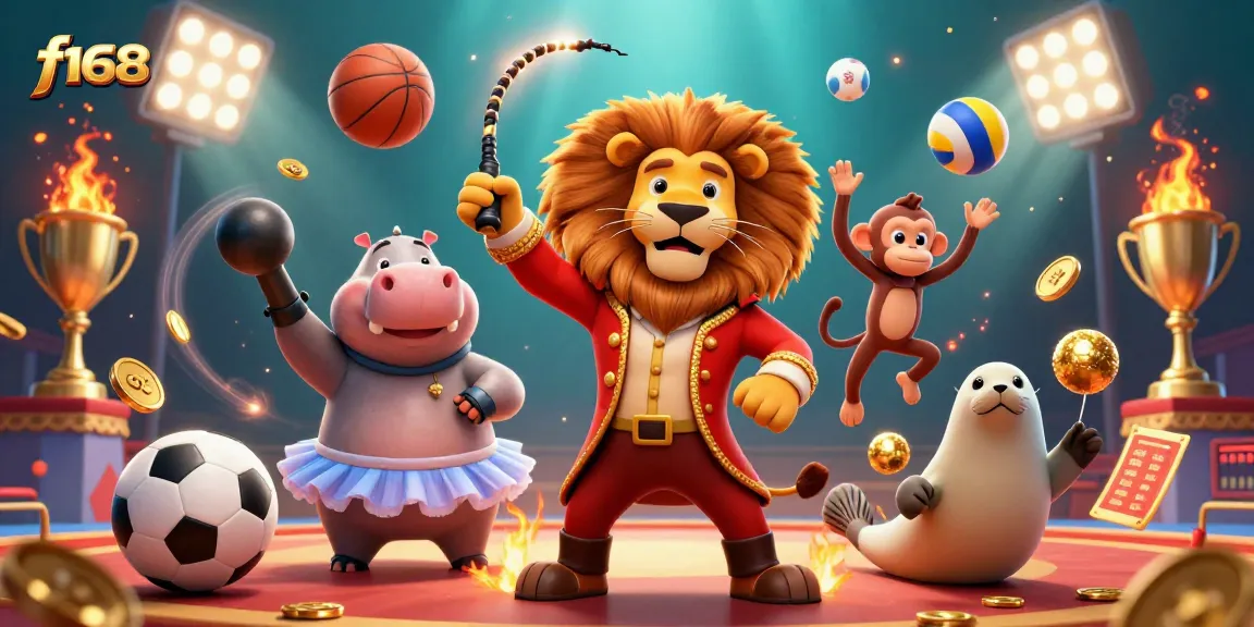 Experience thrilling action at f168 with lively casino characters amid dynamic sports elements and golden highlights.