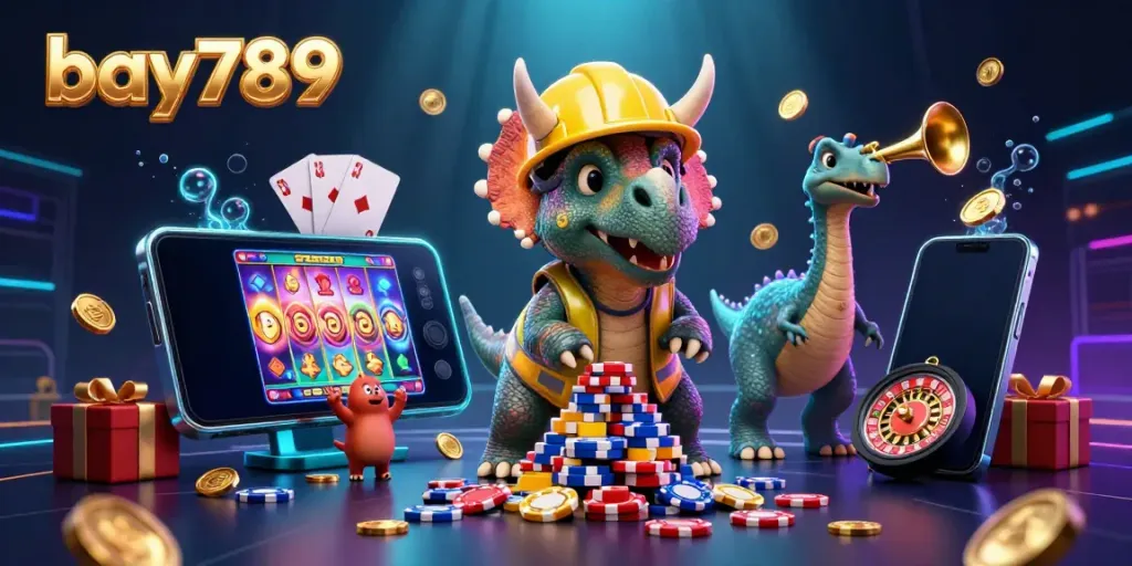 Experience vibrant gaming with bay789 as a triceratops builds a poker chip pyramid amidst celebratory elements.