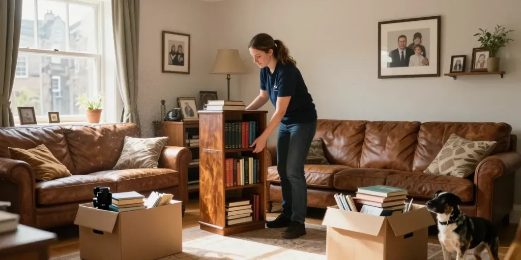 House Clearance Edinburgh with professional team carefully handling items in a sunny living room.