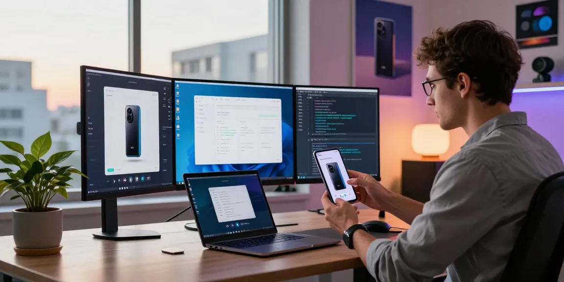 Tech enthusiast using a tri-fold phone in a stylish urban workspace, showcasing the latest innovations.