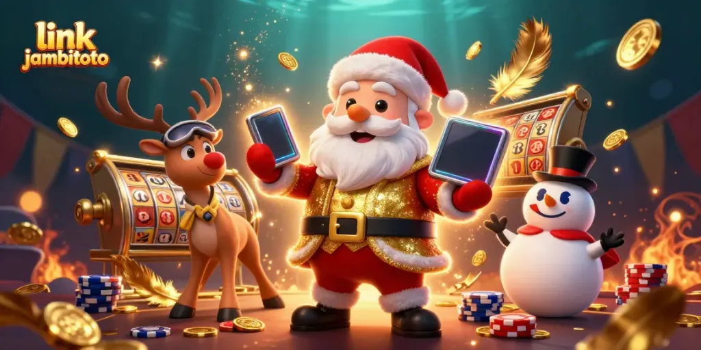 Spin to win with link jambitoto in a dazzling casino scene filled with festive characters.
