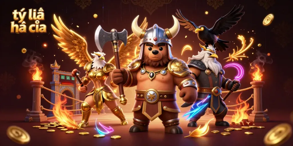 Bets soar with tỷ lệ nhà cái in a vibrant 3D scene featuring Viking and Valkyrie characters.