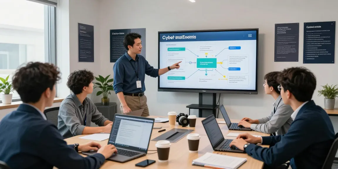 Cyber Essentials insurance team collaborating on certification processes in a modern office.