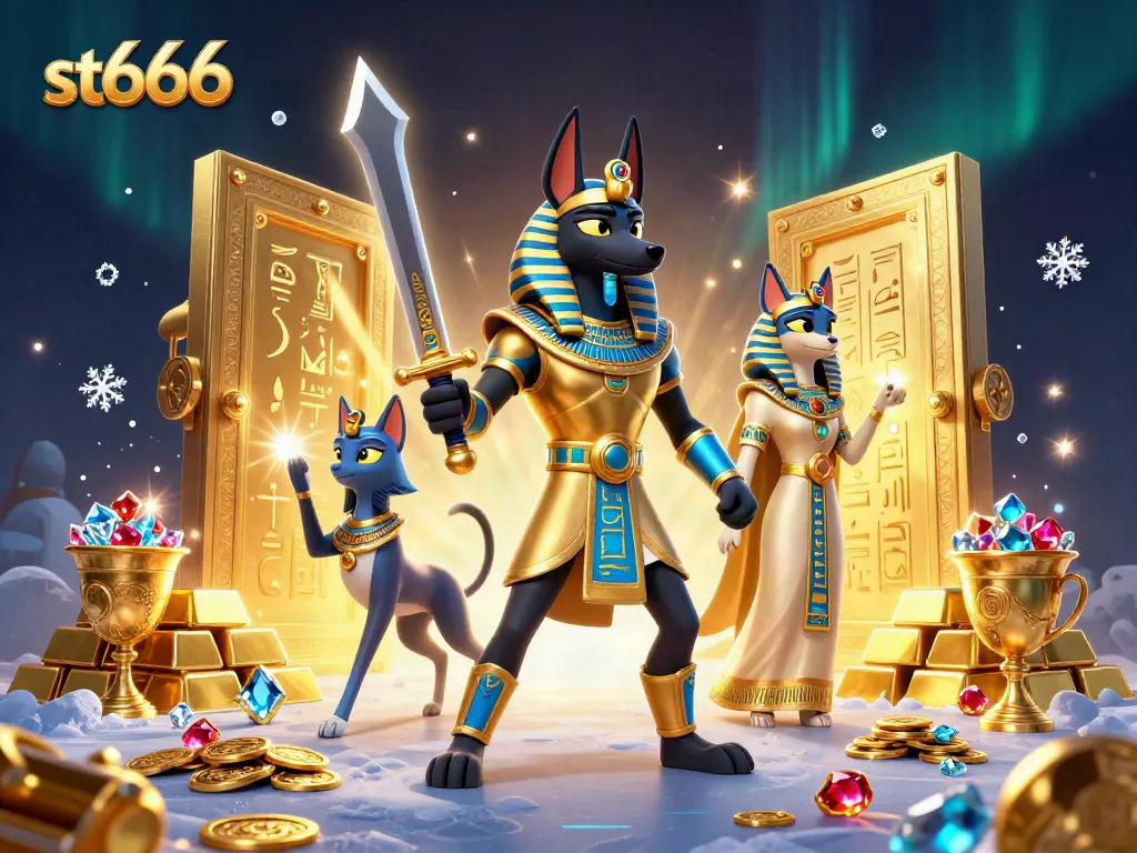 Win big with st666 in a vibrant ancient Egyptian casino scene filled with gold and gems.