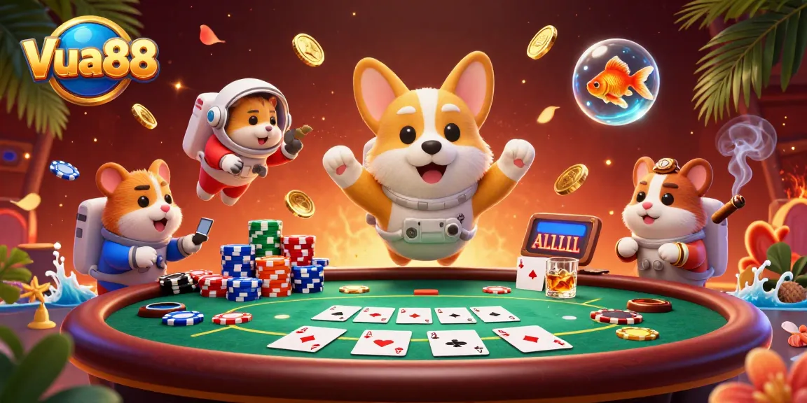 Engage with Vua88's dynamic gaming experience featuring a corgi astronaut and a mission-control hamster.